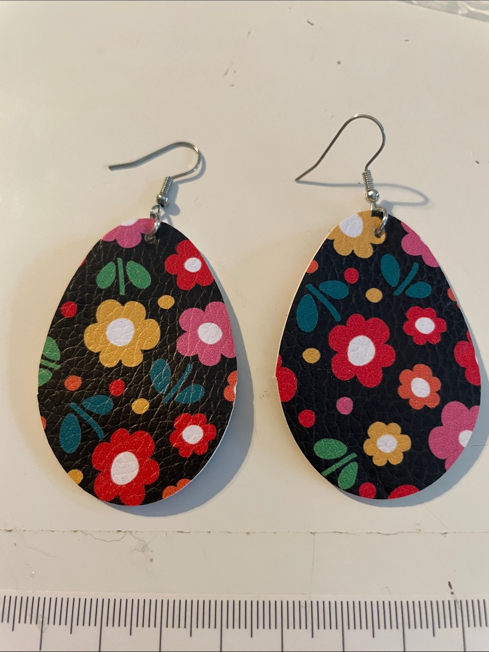 Floral Teardrop Leatherette Earrings - Black Multicolor